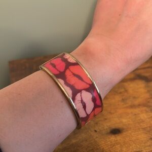 Lipstick Kisses Enamel Hinged Bangle Bracelet, Silver, Vintage, Valentine's Day